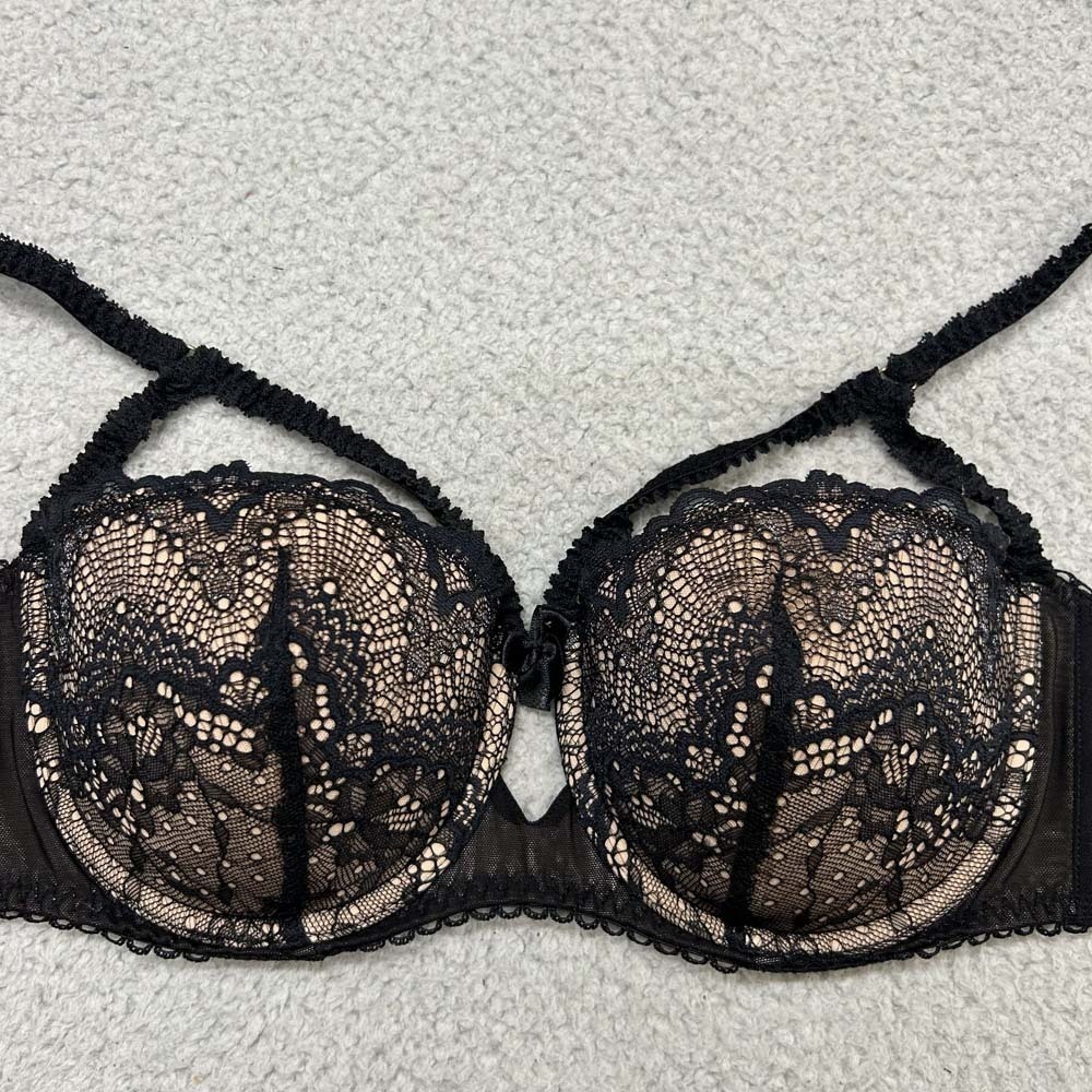 Adore Me Bra 34DD Balconette Bra Black Lace Nude Underwire Cutout Strappy
